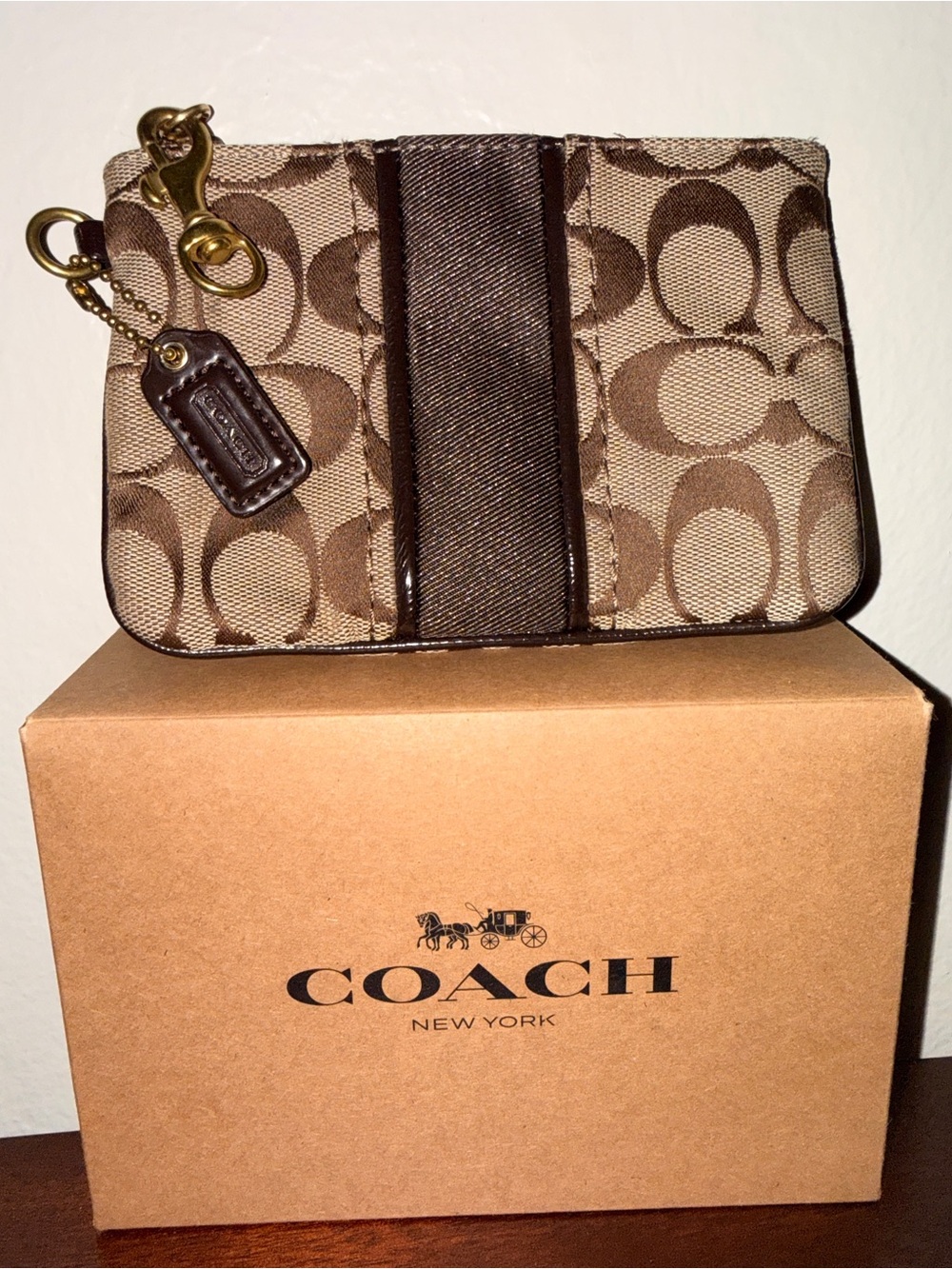 Coach Brown Signature Canvas Card Case with Chocolate Trim